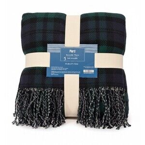 NWT Pier 1 Jeté Reversible Throw Blanket 50x60 Black Watch Plaid Navy Green